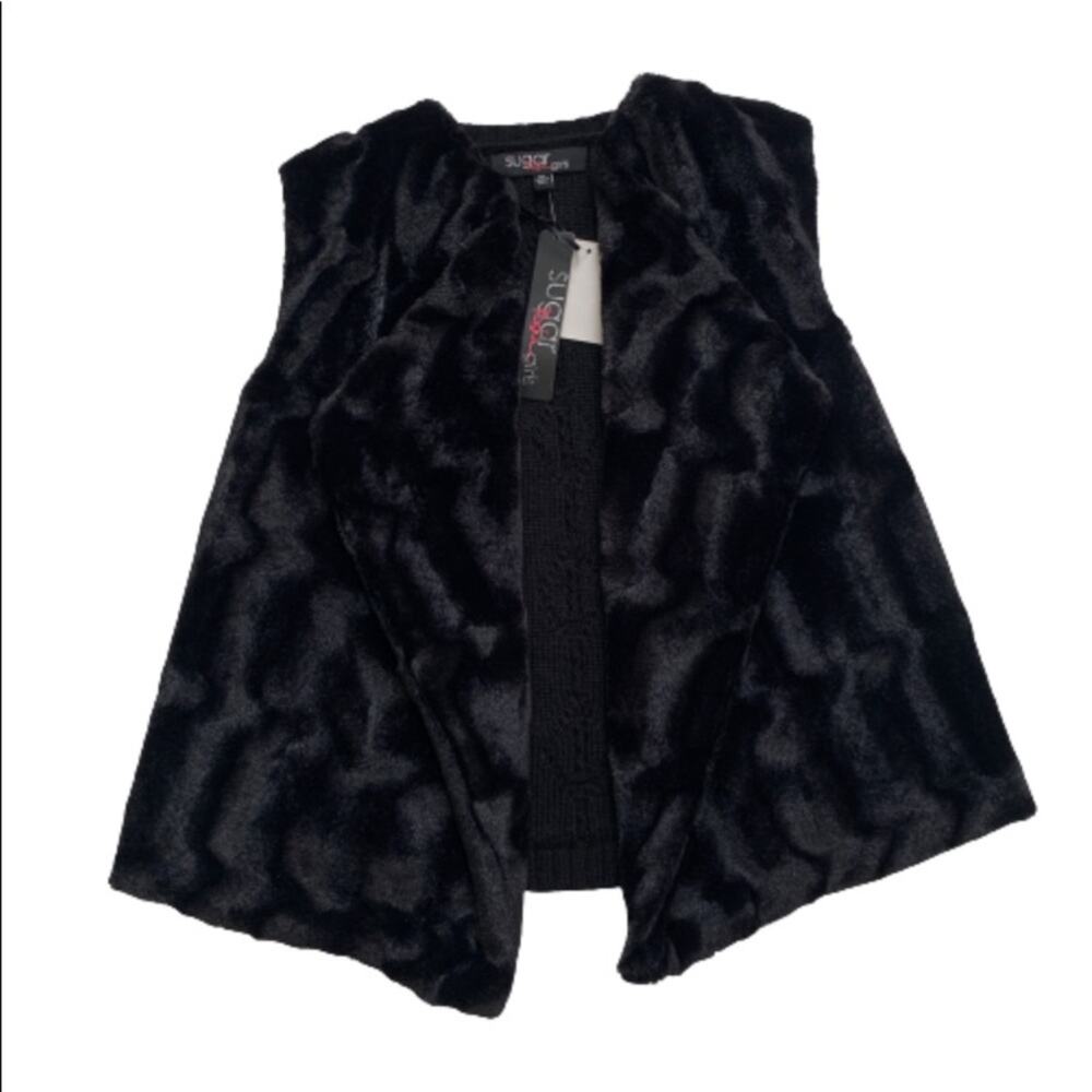Sugar Rush Vest Girls Youth Black Plush Faux Fur Cable Knit Vest Size XL NEW